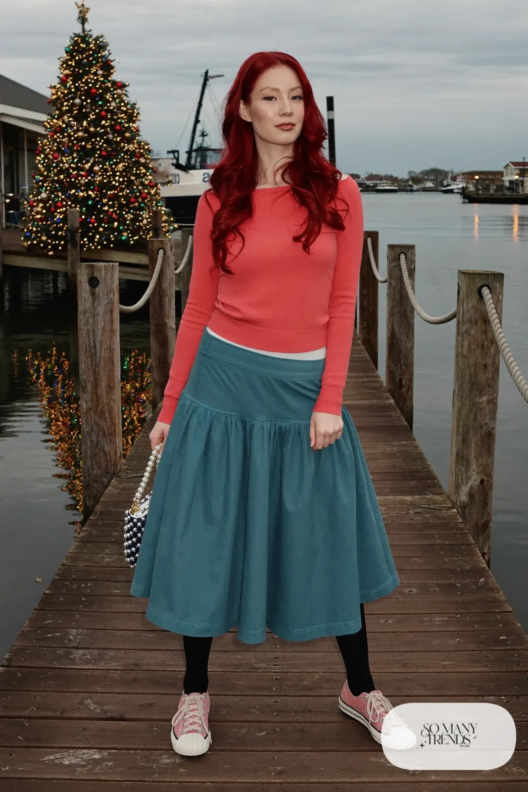 Teal flared midi skirt with coral red fitted knit sweater, shell-pink sneakers, outfit 8