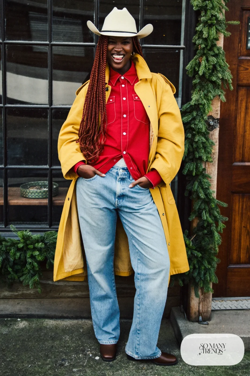 Red western shirt with yellow shacket, straight light denim jeans, brown flat boots and cowgirl hat, outfit 16