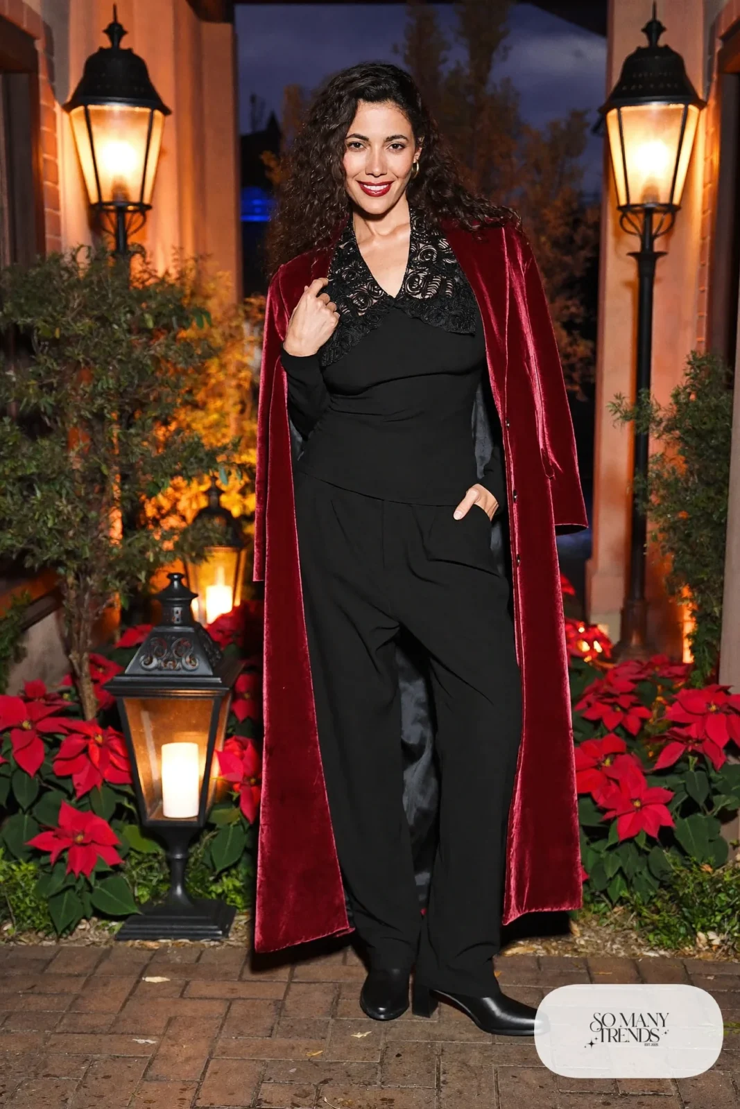Burgundy velvet blazer over black top with lace collar, black pants and black block-heel booties, outfit 24