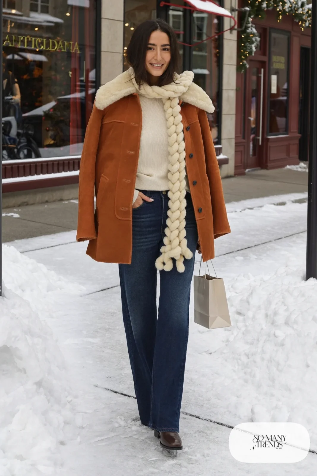 Woman in a cognac suede jacket with shearling collar, dark straight jeans, cream scarf and brown boots, outfit 6