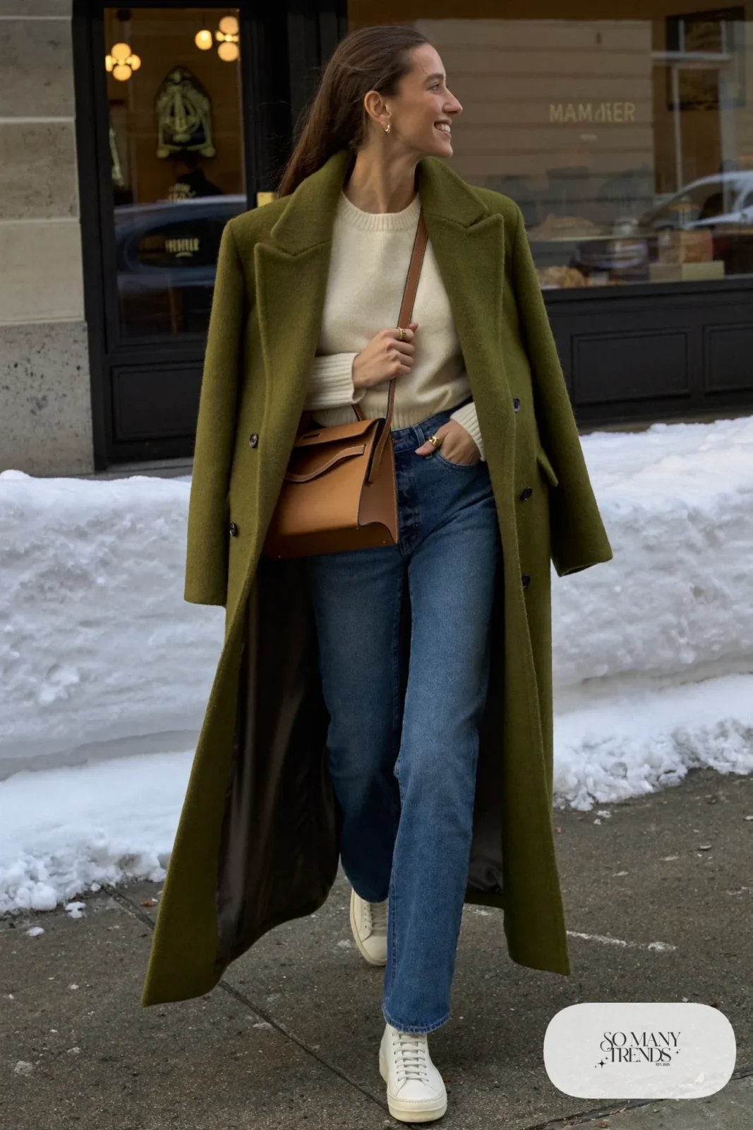 Woman in a moss green wool coat, cream merino sweater, straight blue jeans and white leather high-top sneakers, outfit 15