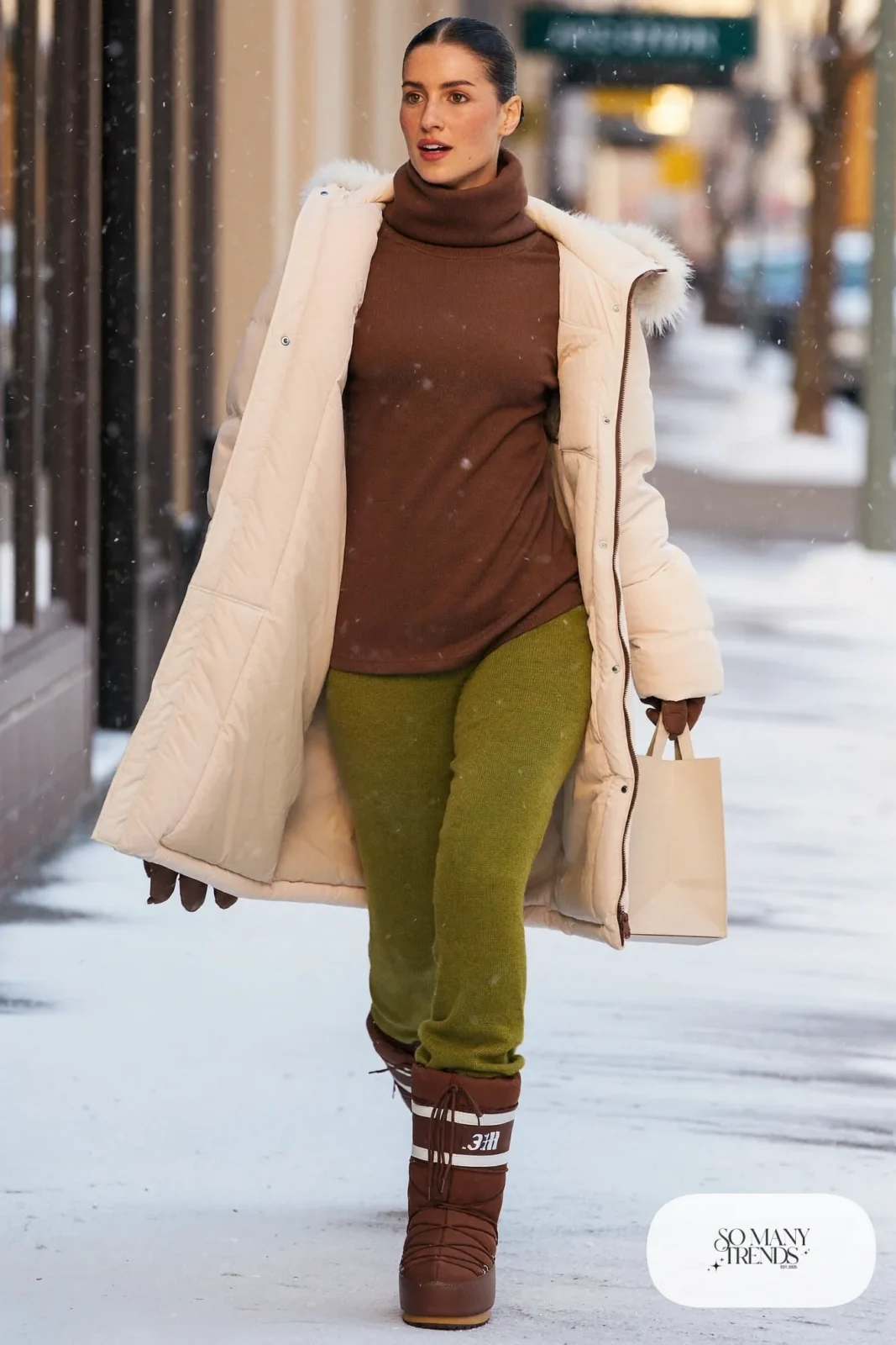 Woman in a long cream puffer coat with hood, moss green knit pants and chocolate brown snow boots, outfit 20