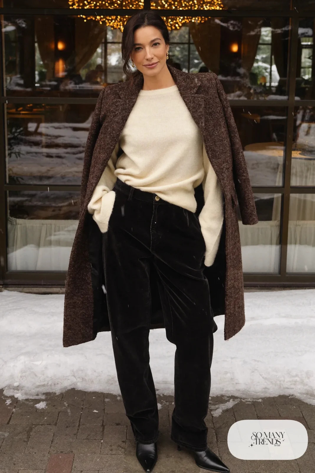Woman in black velvet straight pants, cream cashmere wrap sweater, pointed black boots and a long chocolate coat, outfit 29