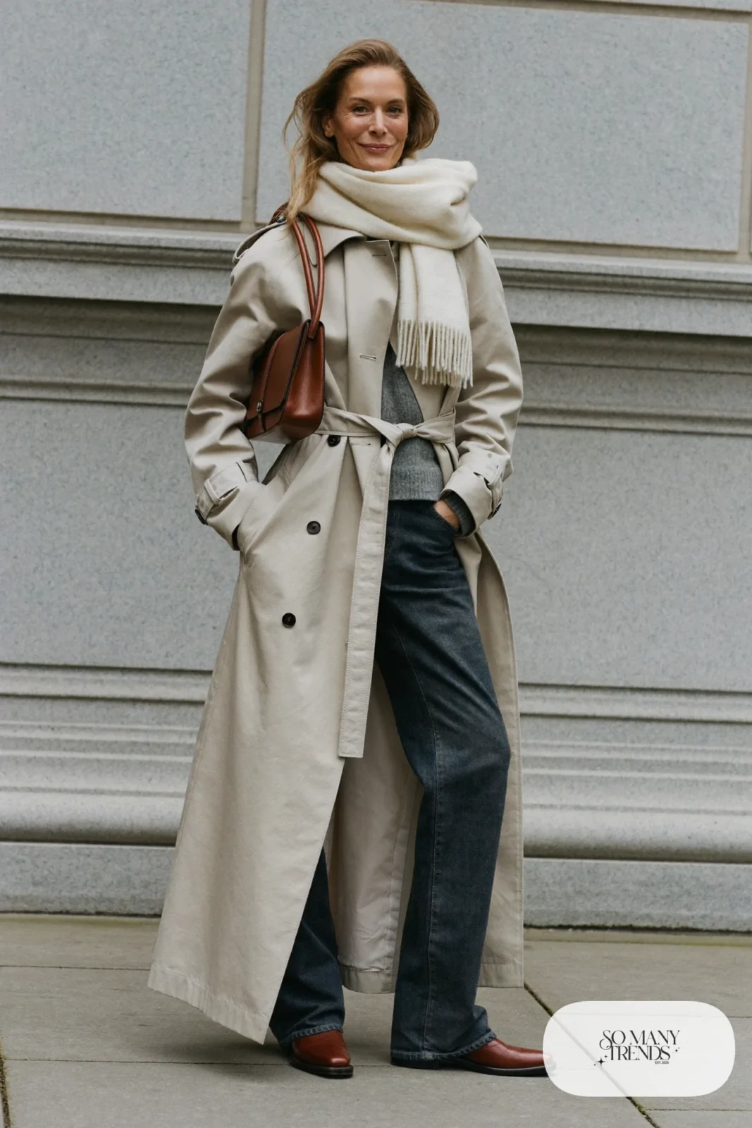 Woman in a beige trench coat over a gray sweater with ivory scarf, dark jeans and brown leather boots, outfit 12