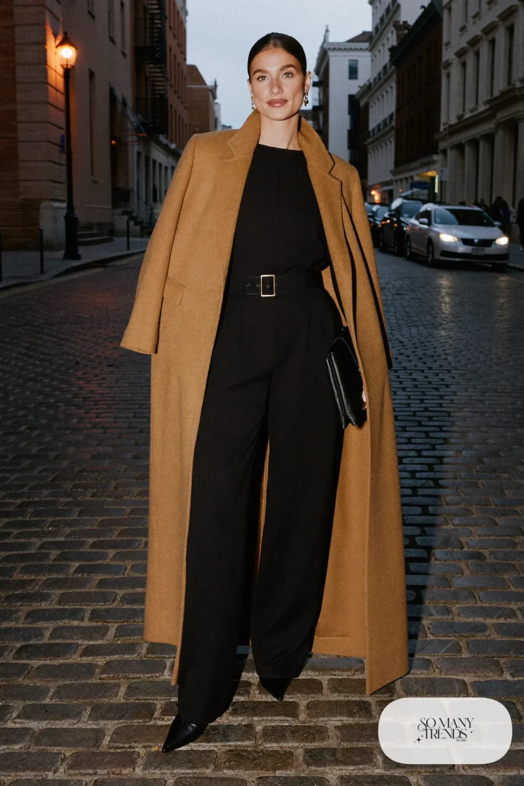 Woman in a black long-sleeve belted jumpsuit, black heeled boots and a camel coat in Georgetown, outfit 22