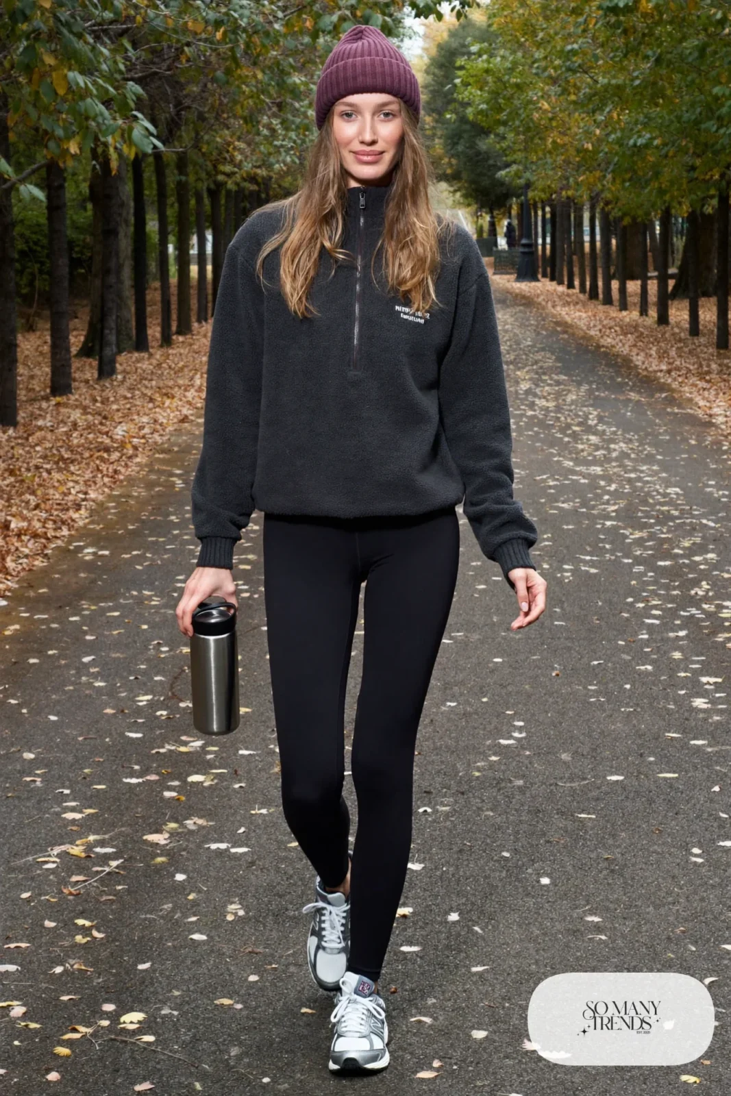 Charcoal fleece half-zip, black leggings, plum beanie and New Balance 740 sneakers, outfit 4