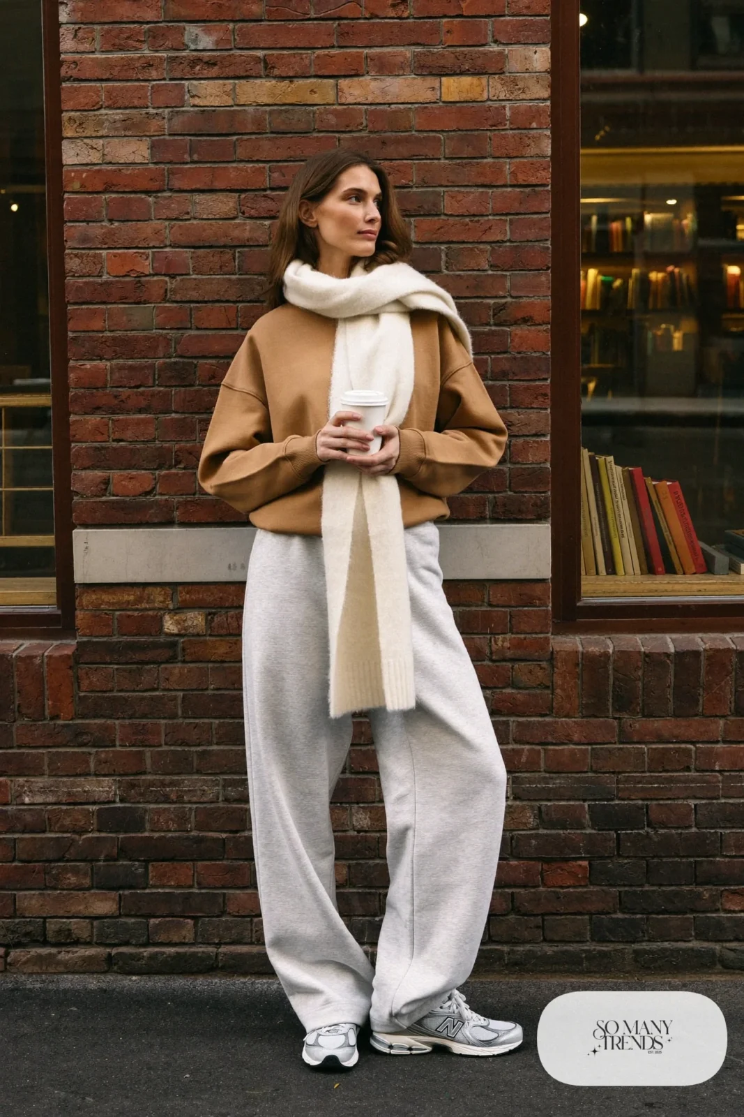 Camel crewneck sweatshirt, heather gray wide sweatpants and New Balance 740 sneakers, outfit 5