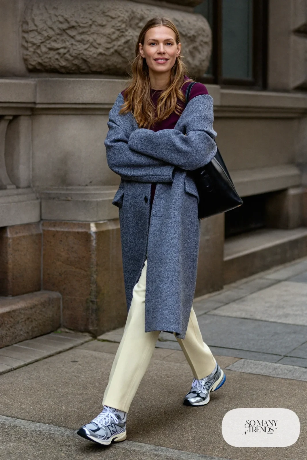 Long heather gray wool coat, plum fine-knit, ivory pants and New Balance 740 sneakers, outfit 7