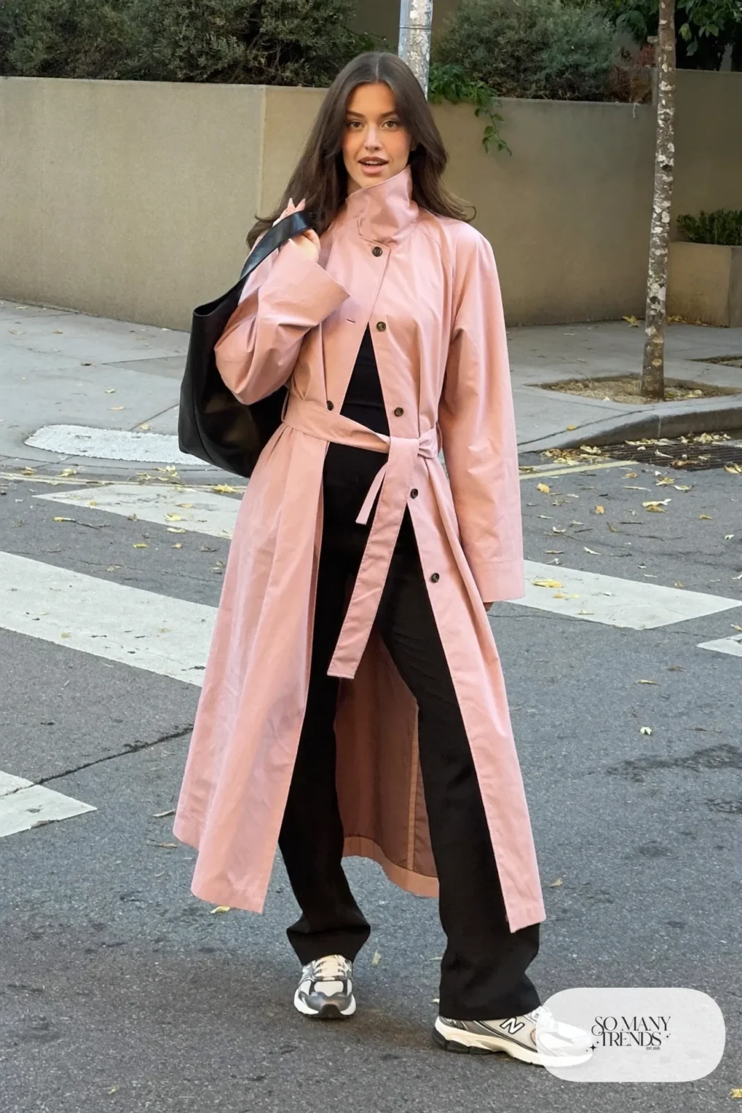 Blush trench coat, black straight pants, black knit top and New Balance 740 sneakers, outfit 8