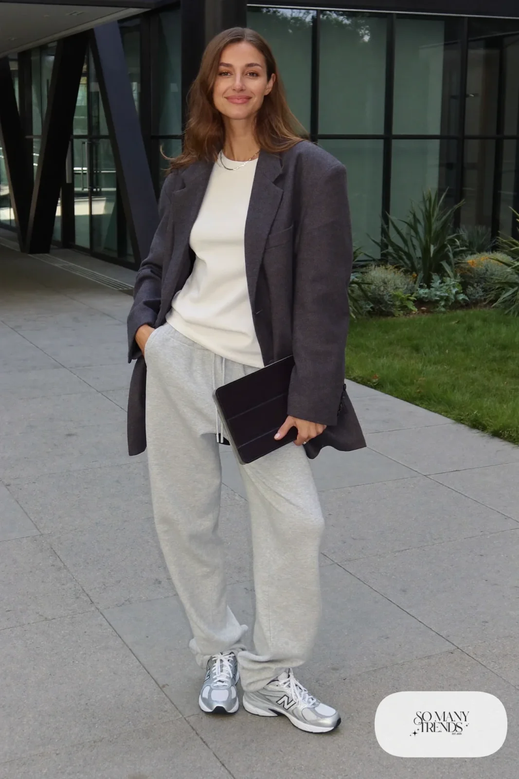 Oversized charcoal blazer, white tee, gray sweatpants and New Balance 740 sneakers, outfit 9