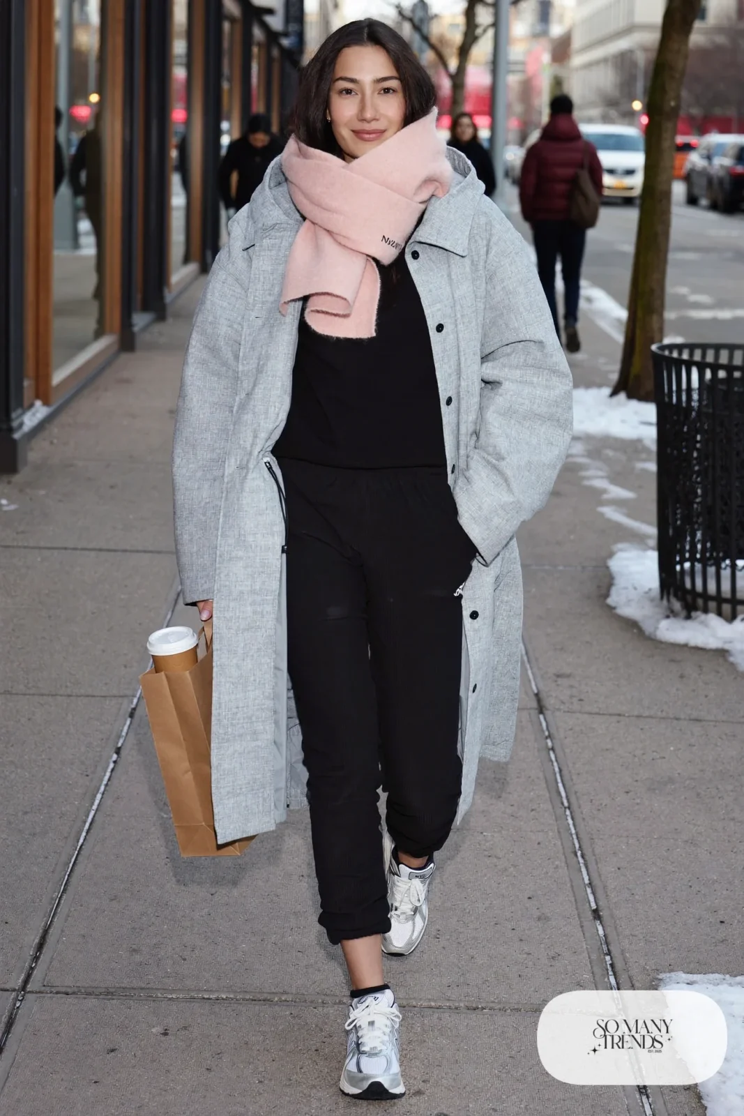 Long heather gray parka, black joggers, blush scarf and New Balance 740 sneakers, outfit 11