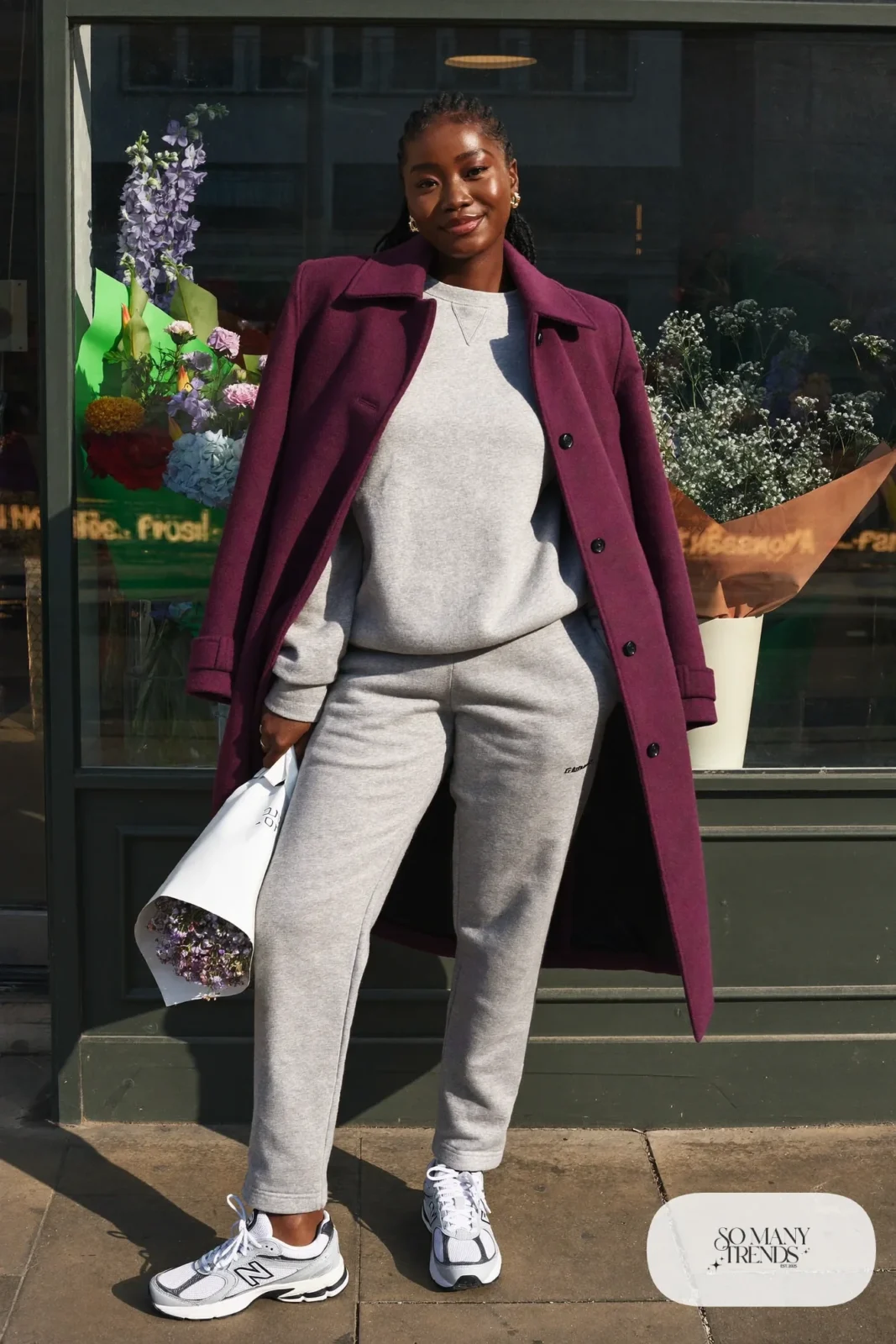 Plum wool coat, gray sweatshirt set and New Balance 740 sneakers, outfit 12
