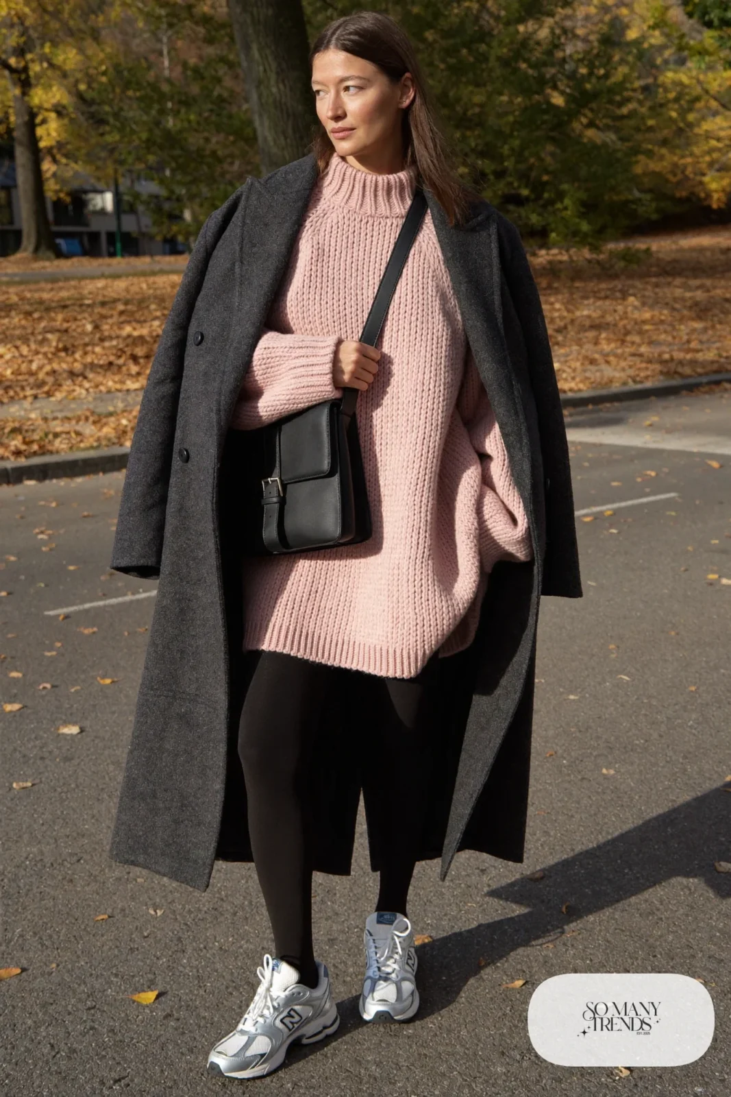 Blush knit sweater dress, black tights, charcoal coat and New Balance 740 sneakers, outfit 14