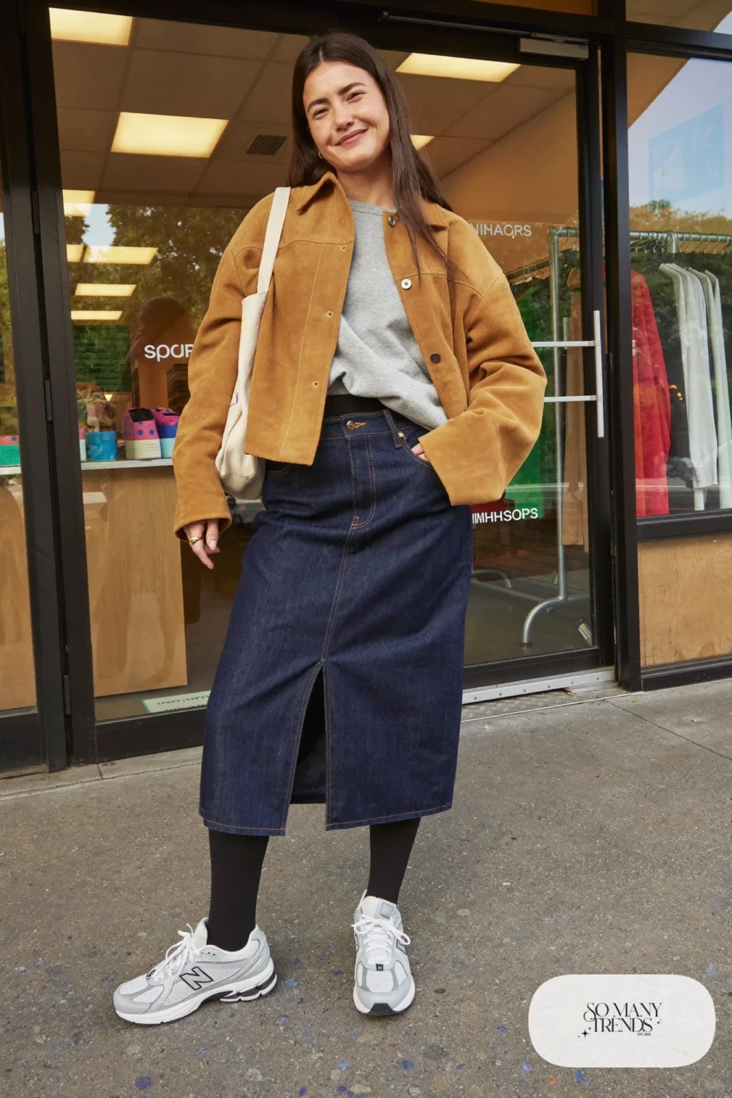 Dark denim midi skirt, gray sweatshirt, tights and New Balance 740 sneakers, outfit 15