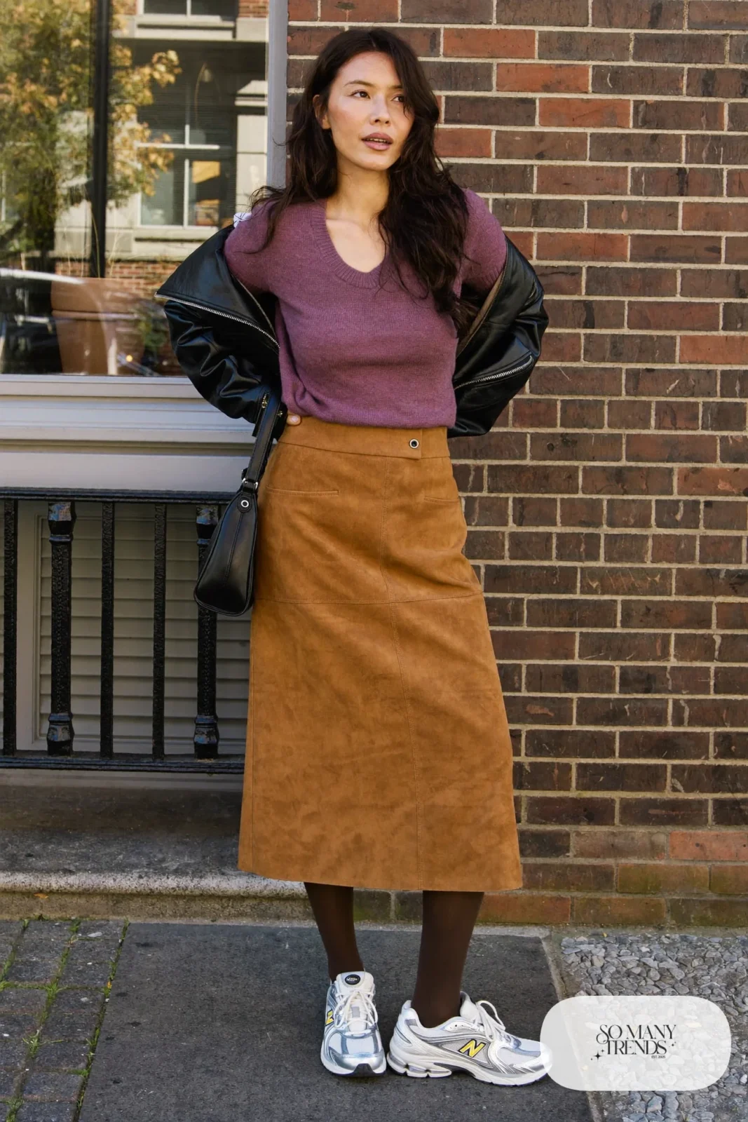 Camel suede-look skirt, plum scoop-neck knit, tights and New Balance 740 sneakers, outfit 17