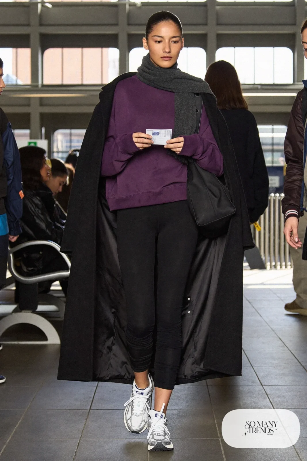 Plum sweatshirt, black leggings, long black coat and New Balance 740 sneakers, outfit 20