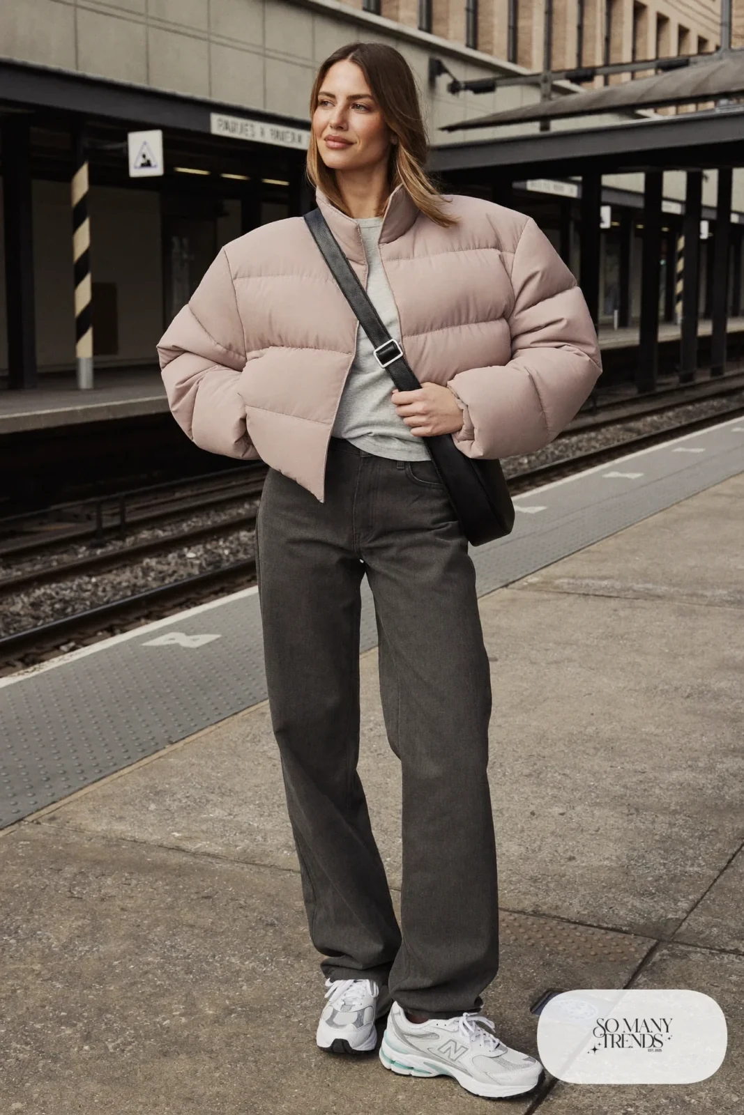 Blush quilted jacket, gray tee, gray straight pants and New Balance 740 sneakers, outfit 21