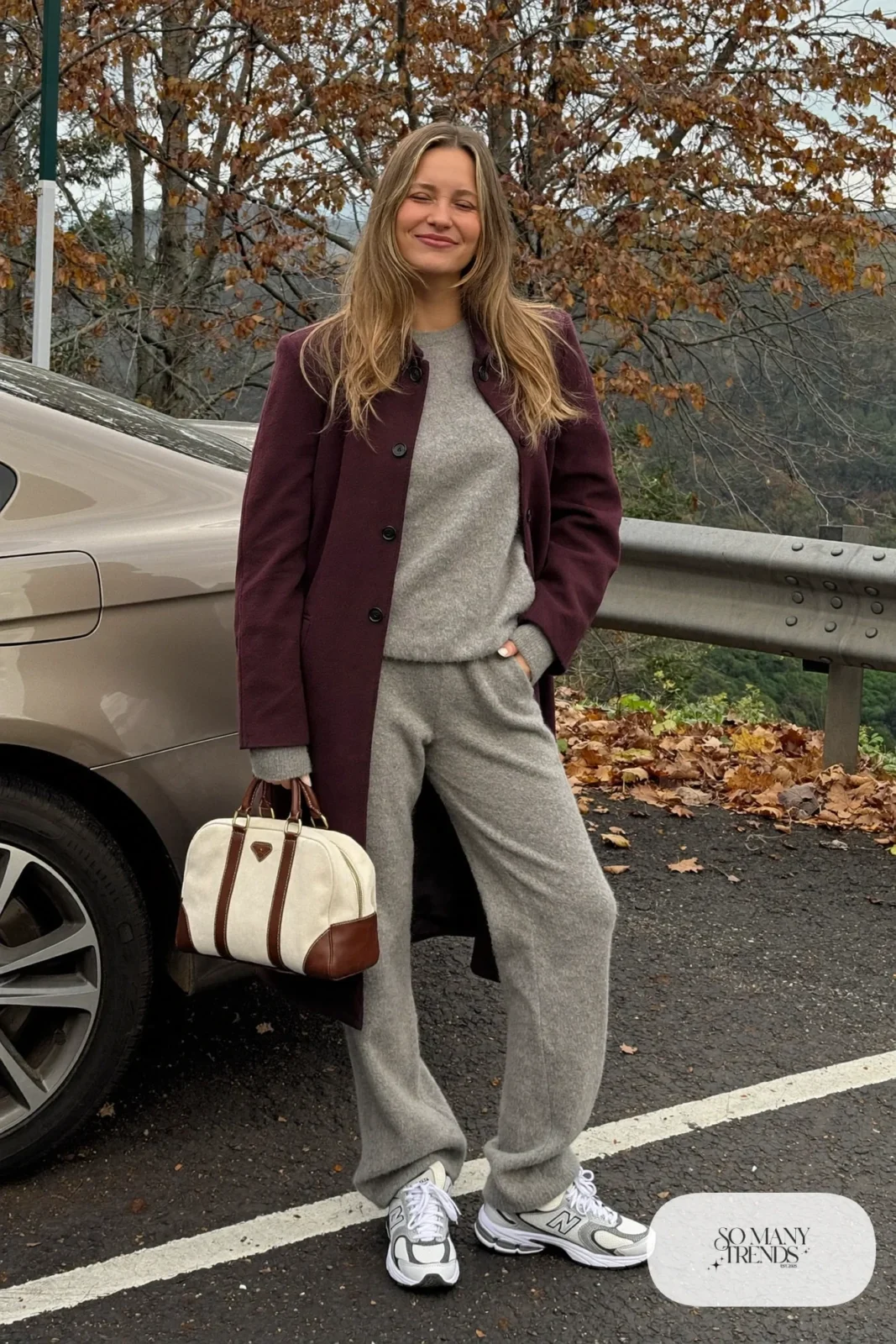 Heather gray knit lounge set, plum coat and New Balance 740 sneakers, outfit 22