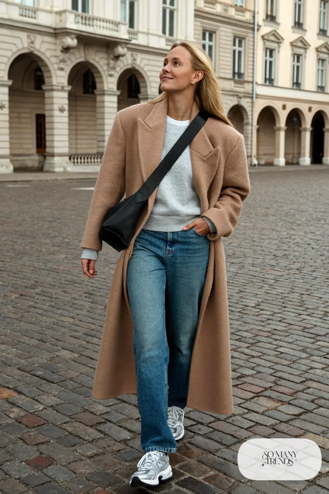 Long camel coat, gray sweatshirt, straight jeans and New Balance 740 sneakers, outfit 23