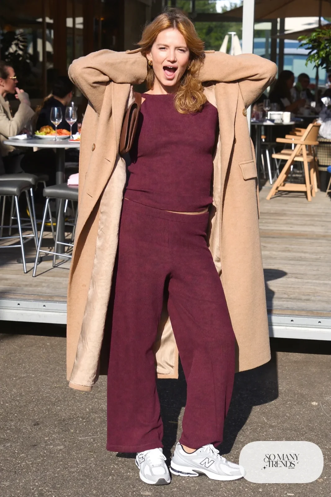 Plum knit top and pants set, camel coat and New Balance 740 sneakers, outfit 24