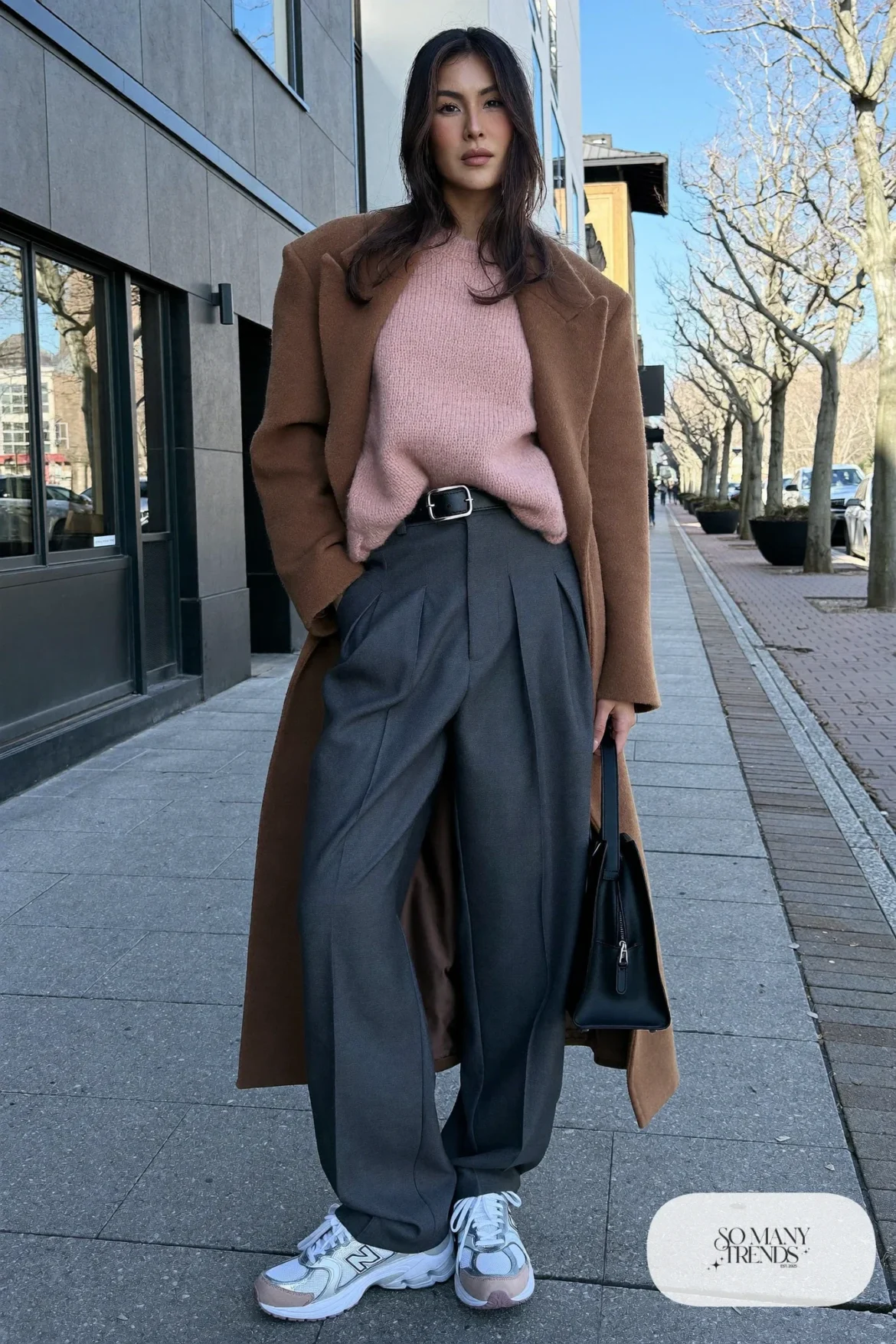 Charcoal pleated pants, blush chunky knit, camel coat and New Balance 740 sneakers, outfit 28