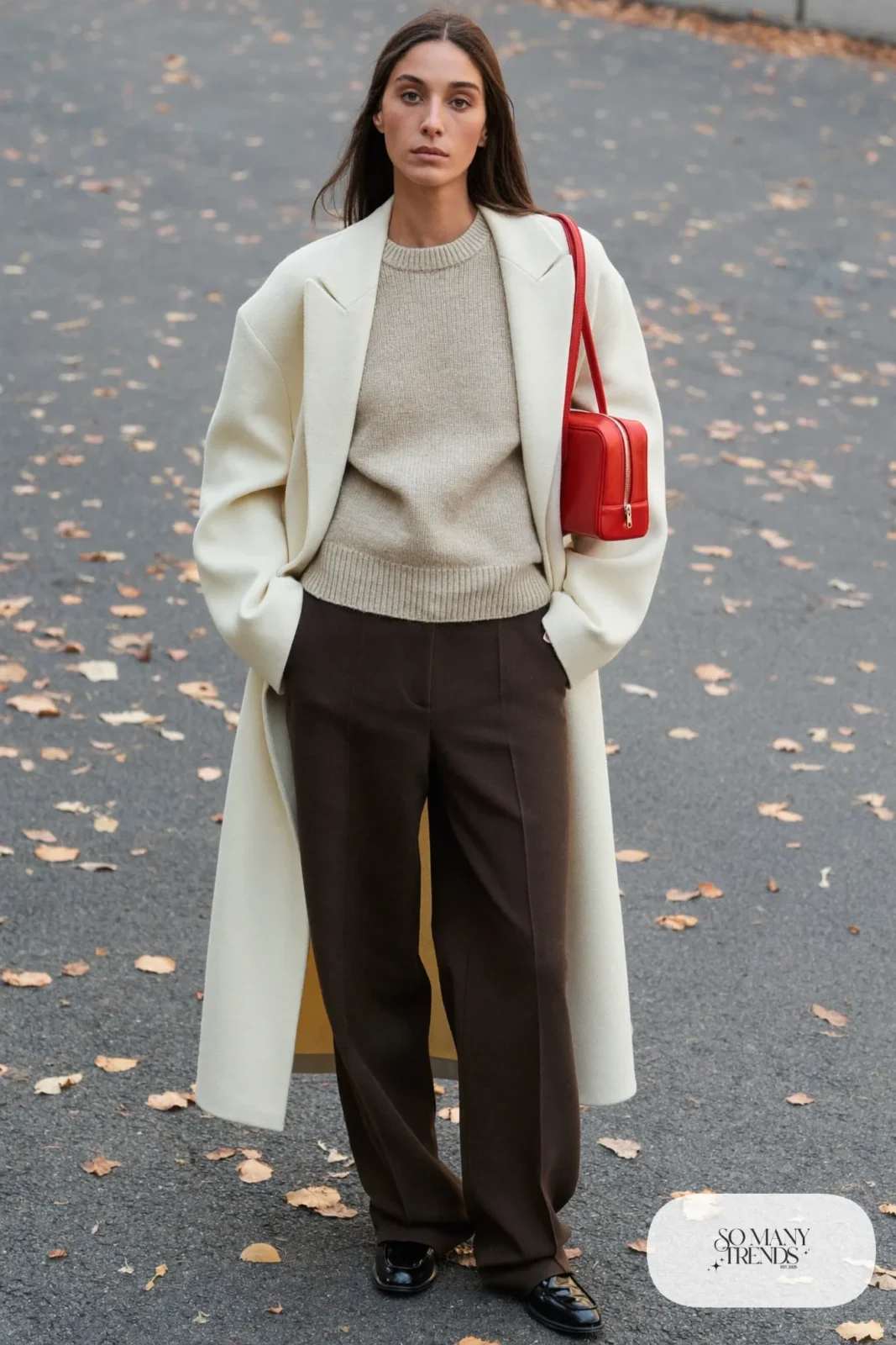 Woman in oatmeal ribbed sweater, chocolate brown wide pants, cream coat and tomato red bag, outfit 27