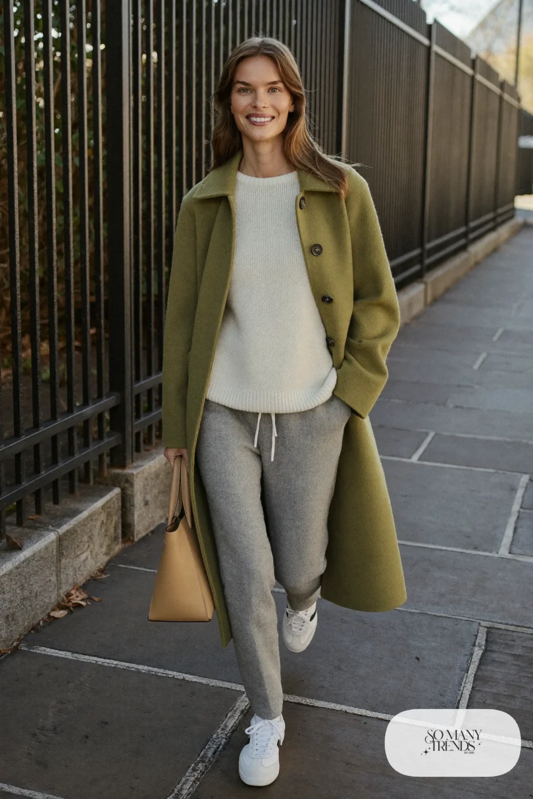 Woman in gray knit wide pants, cream sweater, pine green coat and white sneakers, outfit 22