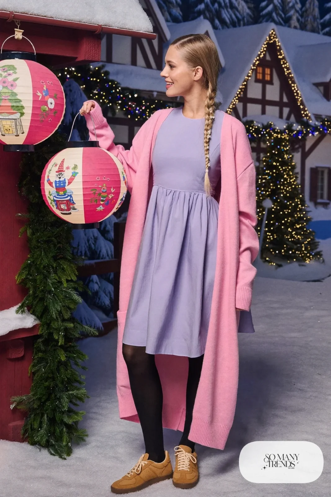 Lavender fitted-bodice A-line dress with pink cardigan, flower-pinned braid and tan sneakers, outfit 11