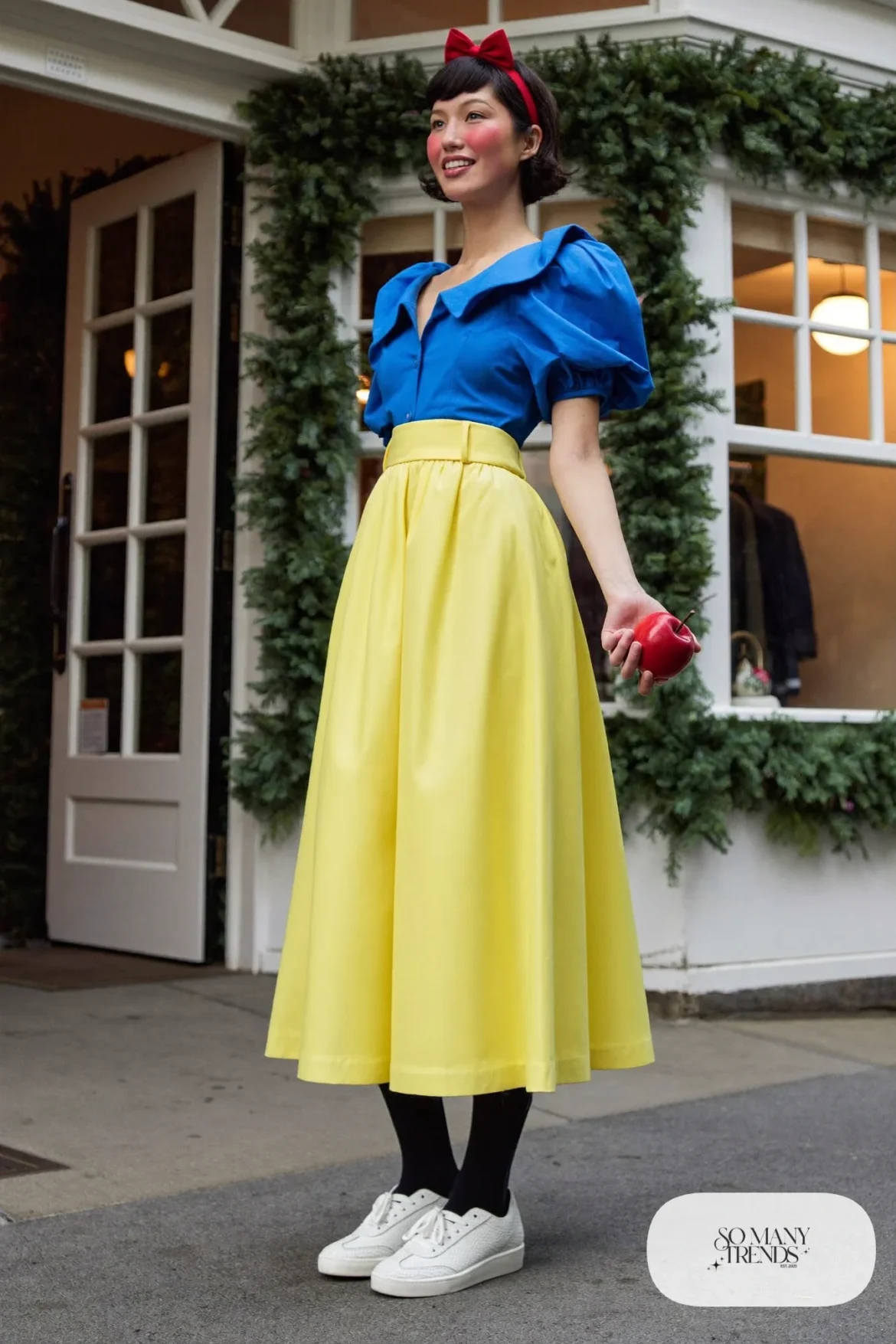 Royal blue puff-sleeve top with yellow midi skirt, red headband and white sneakers, outfit 13