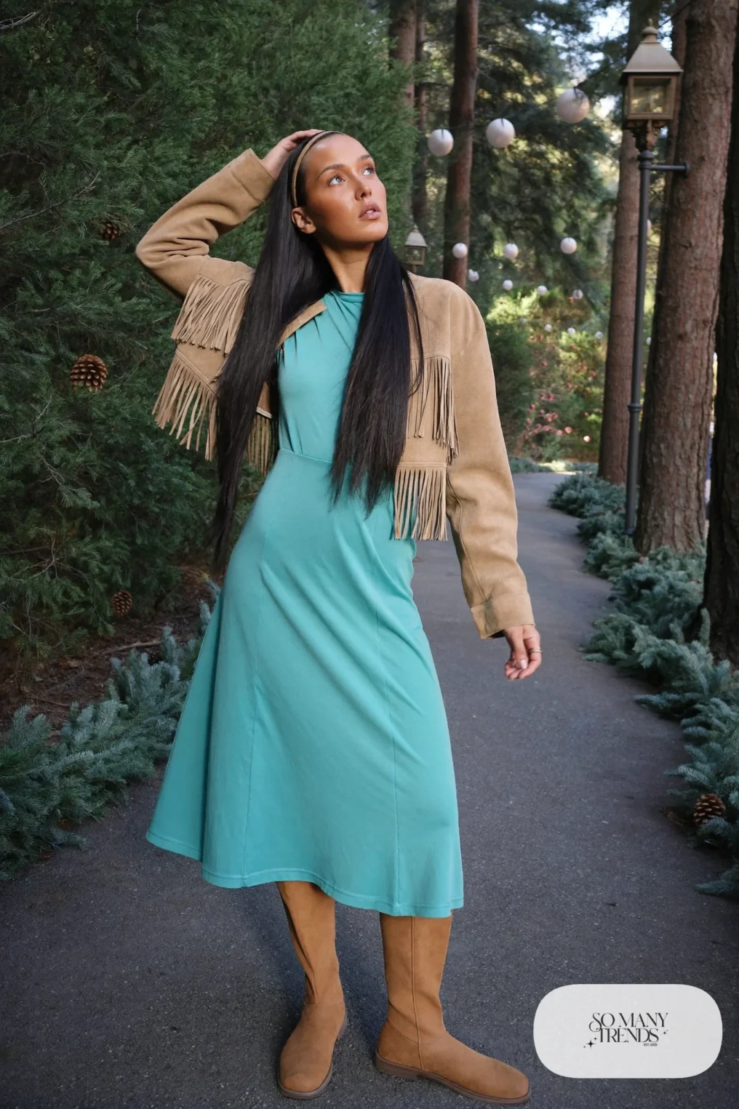 Turquoise jersey midi dress with tan faux-suede fringe jacket and tan flat ankle boots, outfit 19