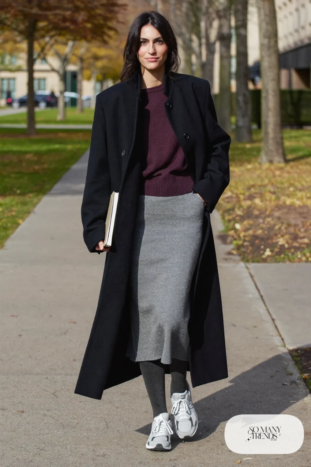 Gray knit midi skirt, plum sweater, charcoal tights and New Balance 740 sneakers, outfit 13