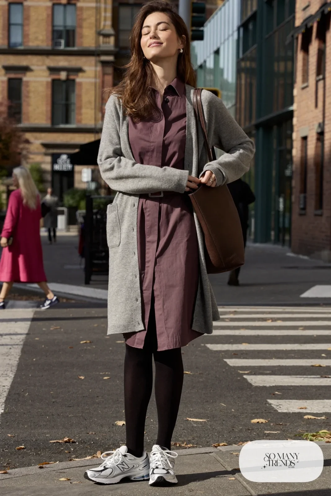 Plum shirt dress, long gray cardigan, black tights and New Balance 740 sneakers, outfit 16