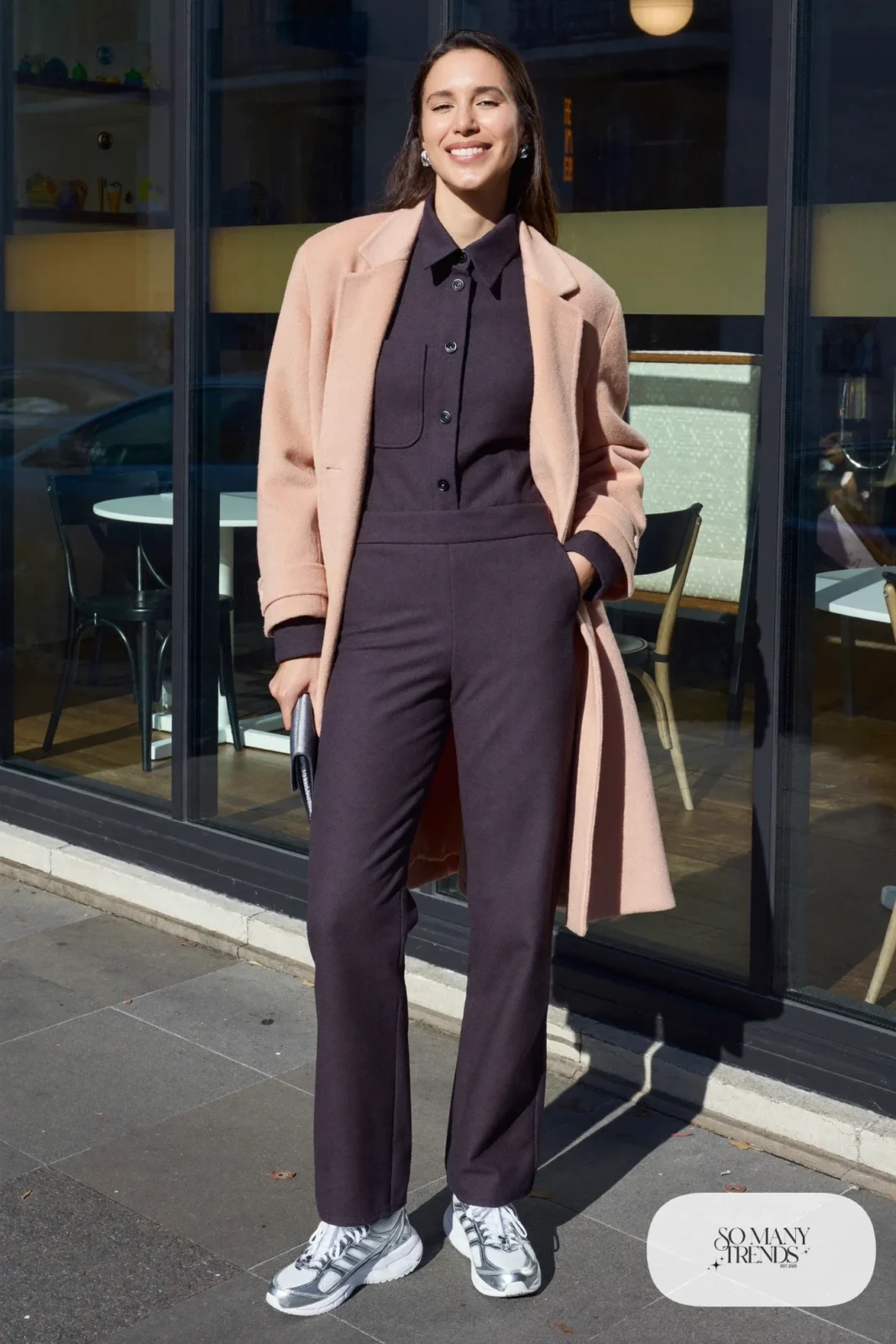 Charcoal jumpsuit, blush long coat and New Balance 740 sneakers, outfit 18
