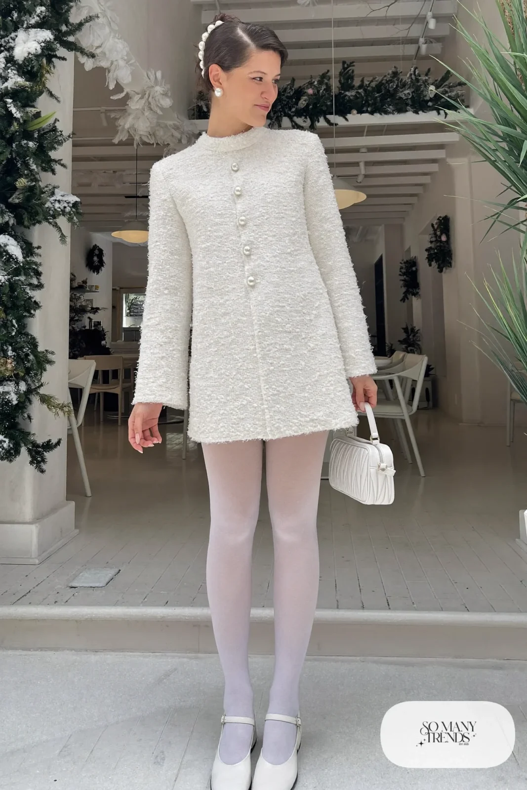 White bouclé tweed mini dress with white opaque tights and white mary jane shoes, outfit 7