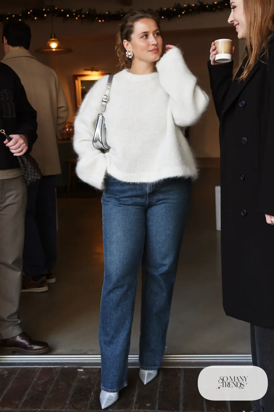 Fluffy white mohair sweater with dark straight-leg jeans and silver pointed ankle boots, outfit 8