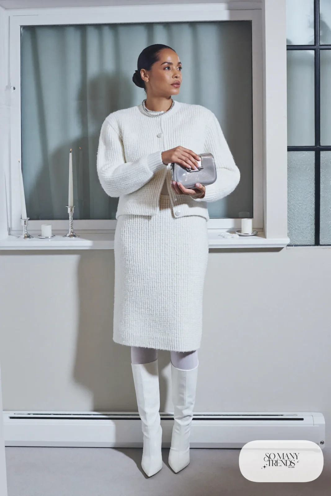 White ribbed knit cardigan and midi skirt set with silver beaded collar necklace and white pointed ankle boots, outfit 10