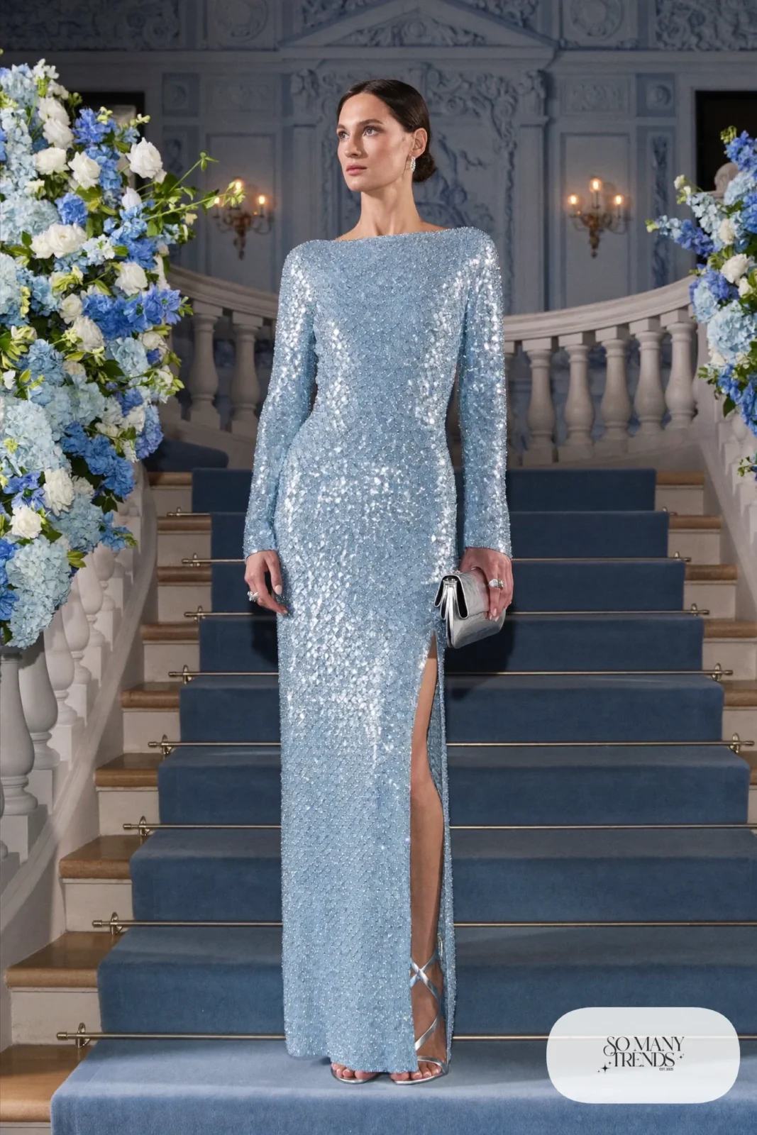 Icy blue sequin long-sleeve gown with high neckline and silver strappy sandals, outfit 13