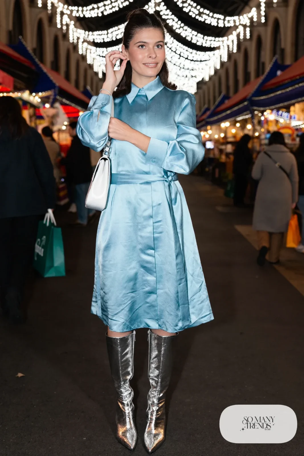 Icy blue satin belted shirtdress with silver metallic knee-high boots, outfit 16