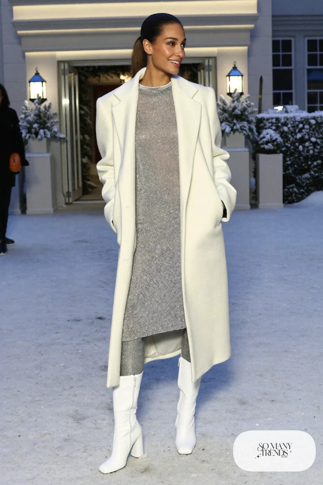 Silver metallic knit midi dress under long white wool coat with opaque tights and white block-heel boots, outfit 18