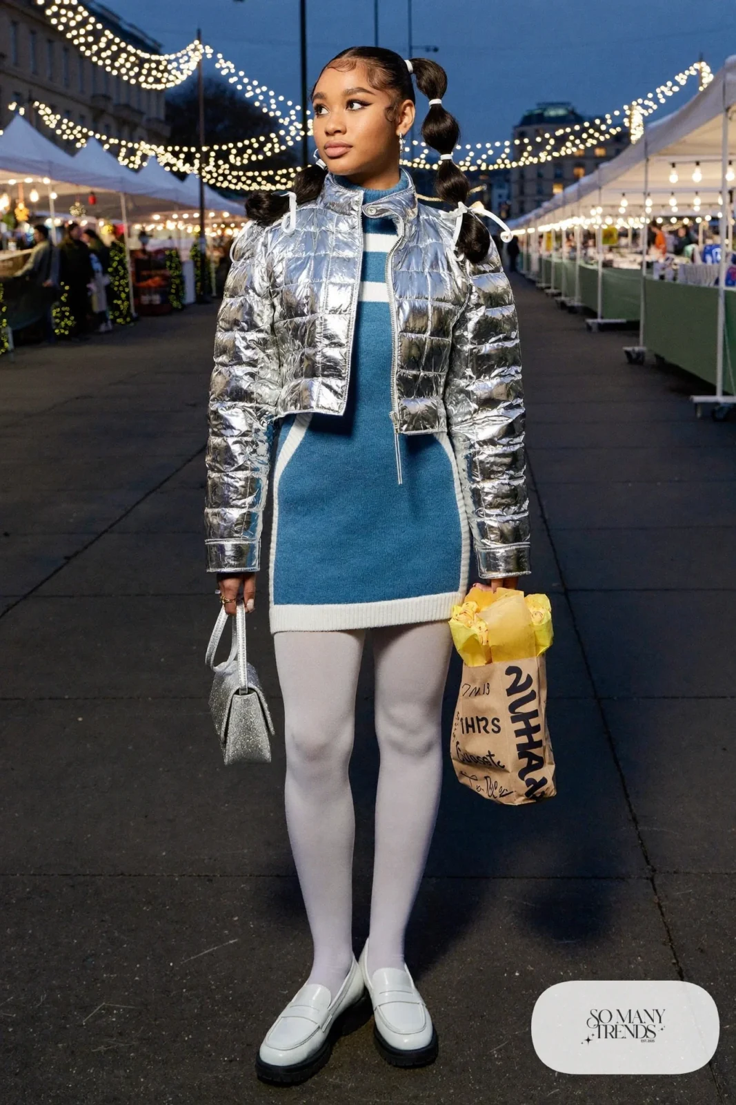 Cropped silver quilted jacket over icy blue mini dress with white opaque tights and white loafers, outfit 21