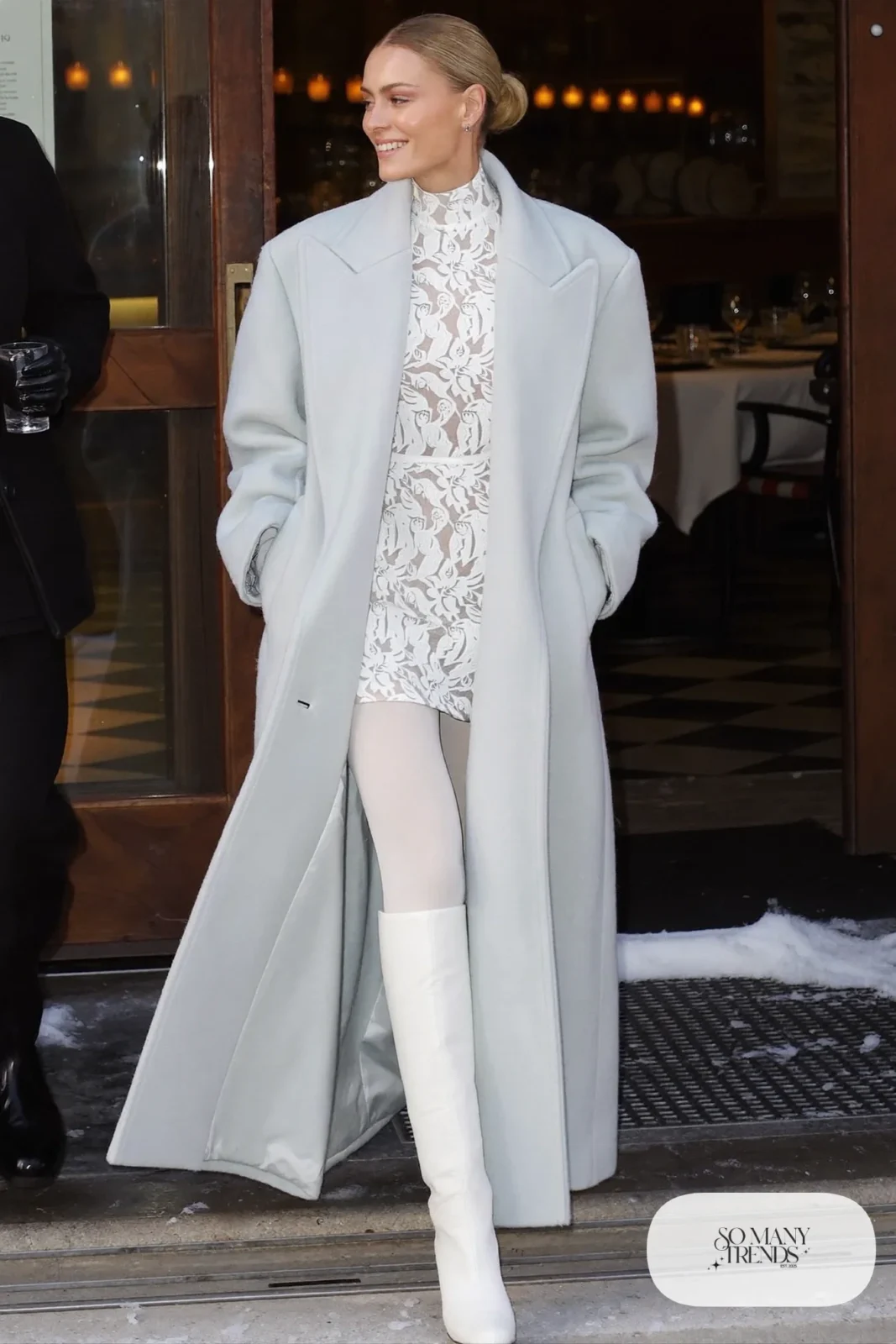 Long icy blue wool coat over white lace mini dress with sheer tights and white knee-high boots, outfit 22