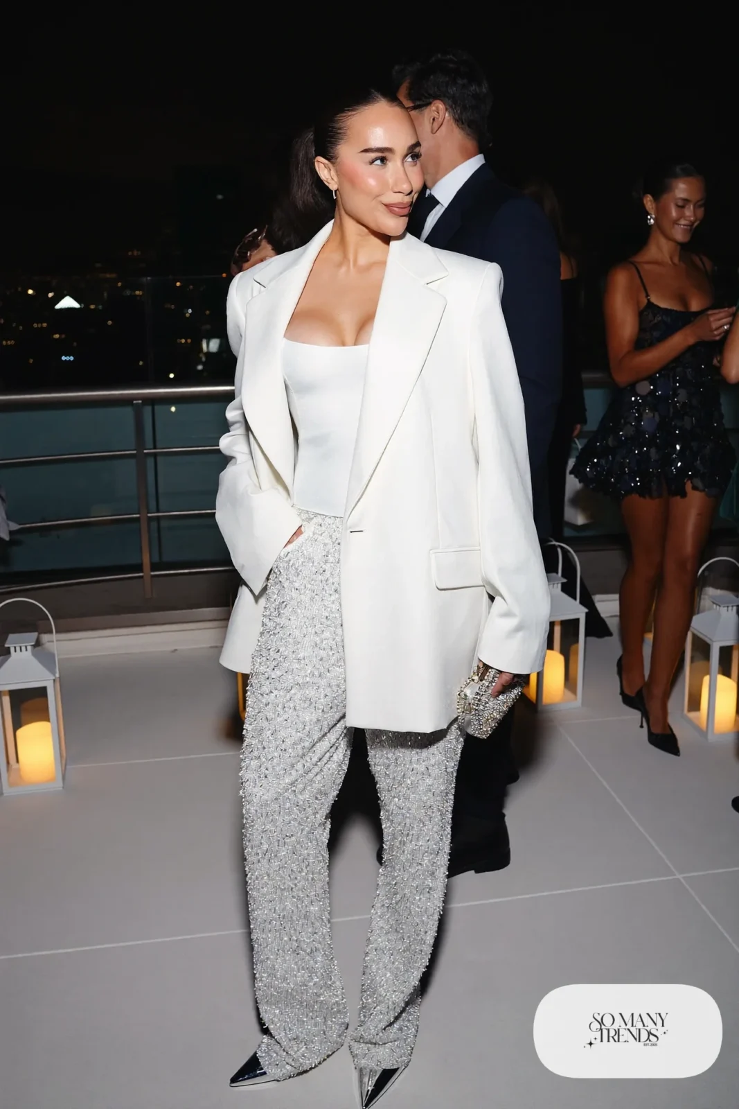 Silver sequin straight-leg pants with oversized white blazer, white camisole and silver pointed pumps, outfit 24