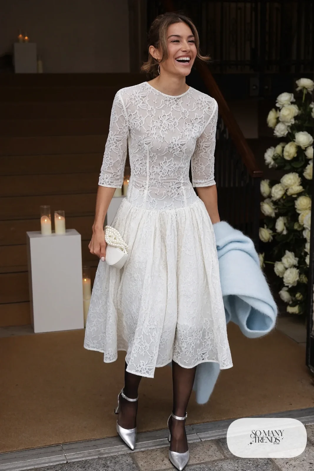 White lace midi dress with fitted bodice, pale blue wrap and silver block-heel sandals, outfit 2