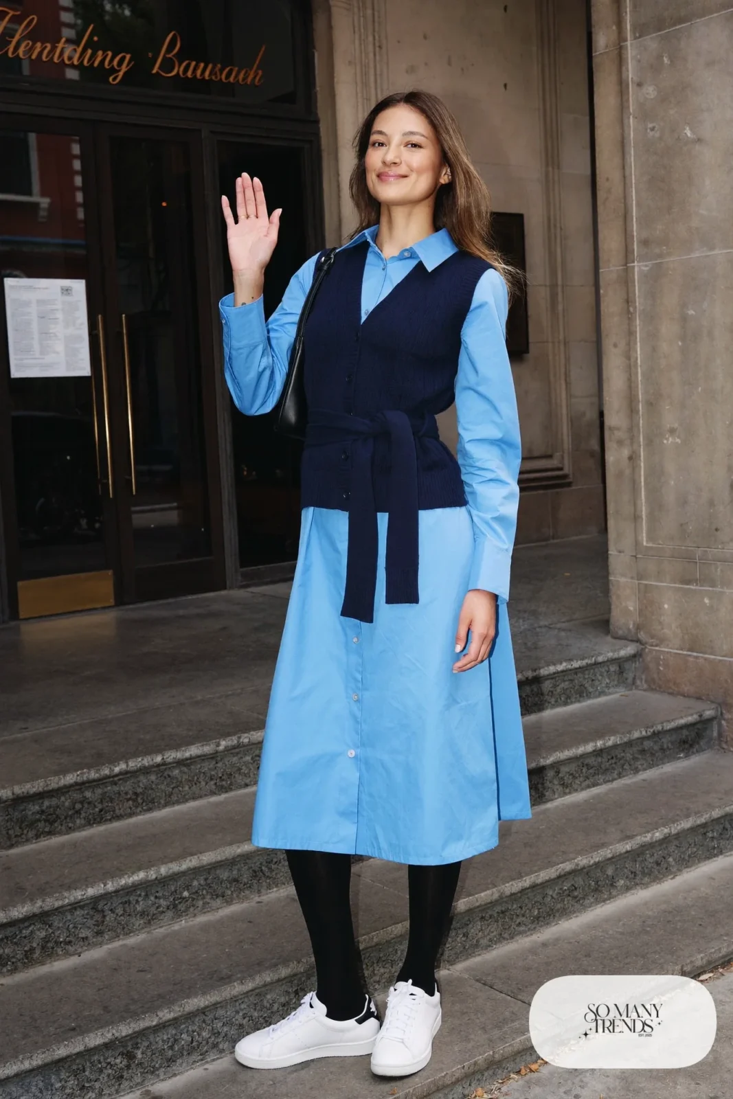 Sky blue poplin midi shirt dress with navy knit vest and white sneakers, outfit 9