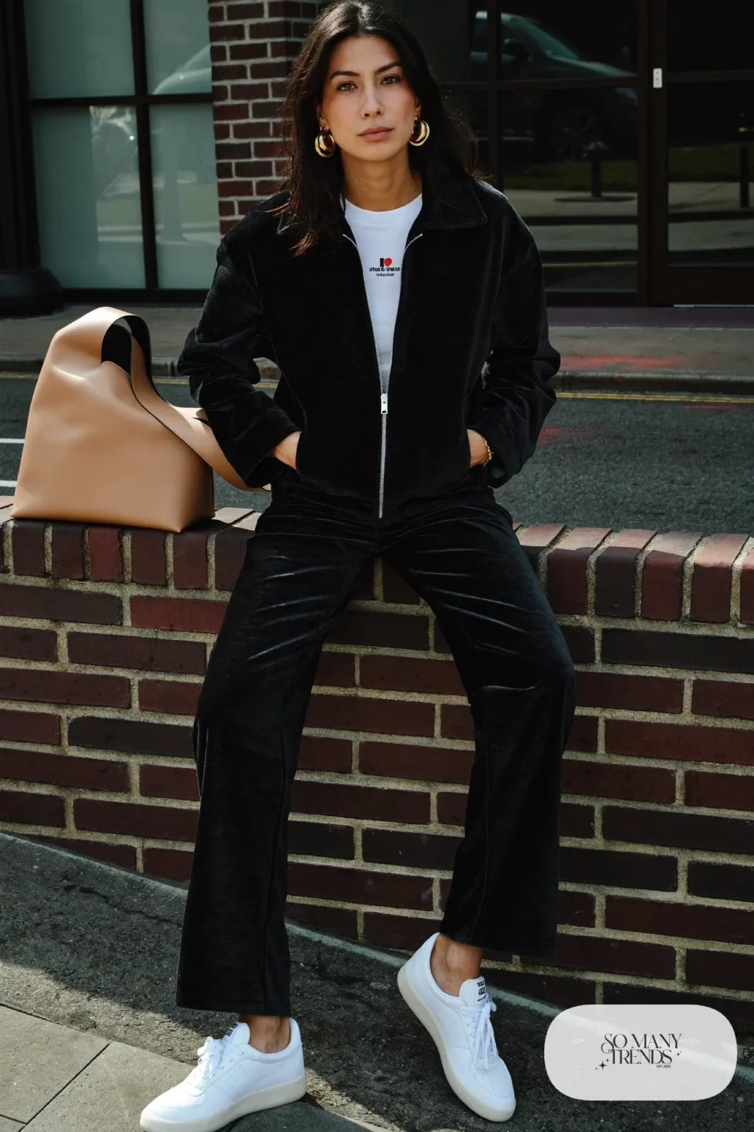 Black velour zip jacket and straight pants set with white tee, gold jewelry and white sneakers, outfit 10