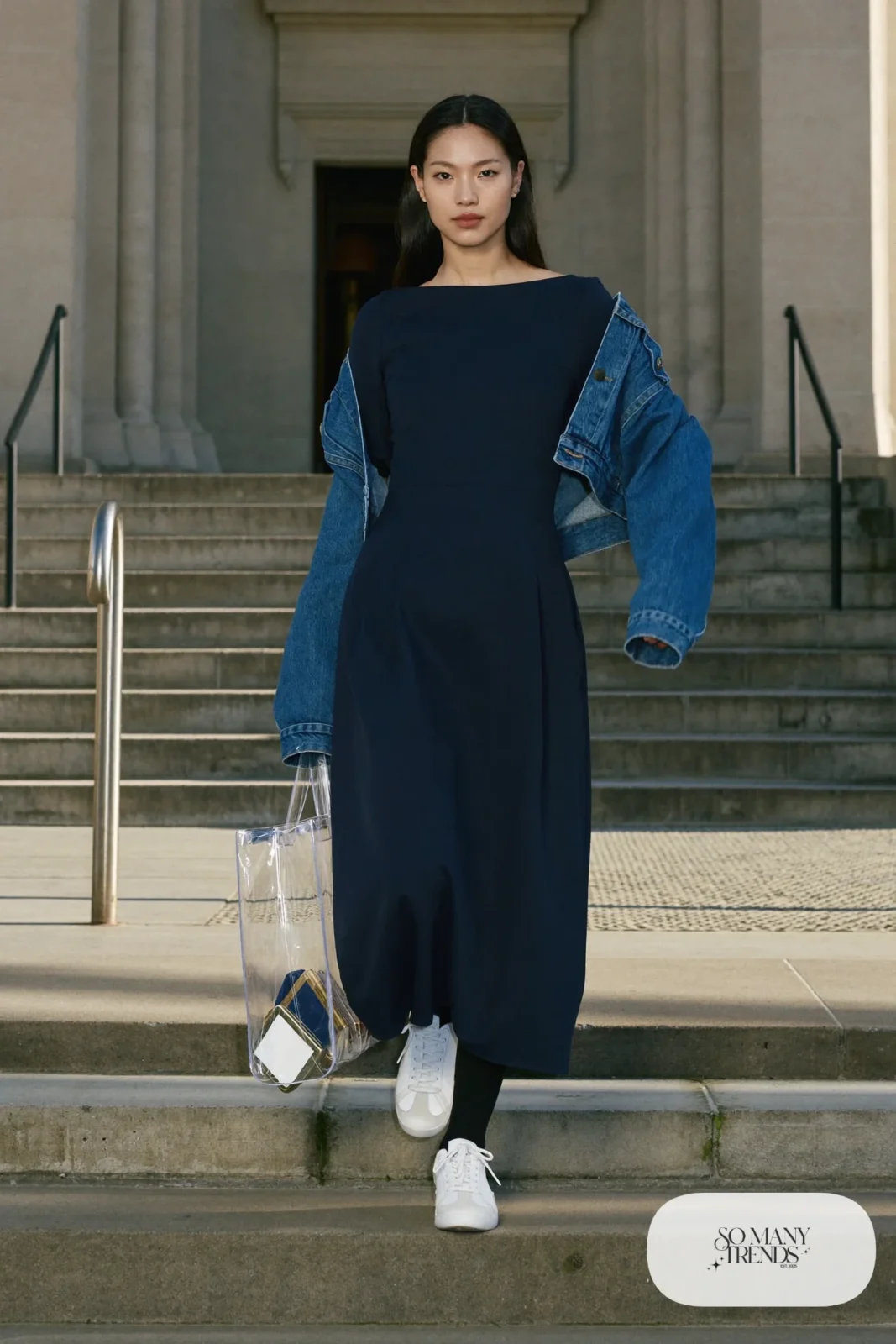 Navy long-sleeve maxi dress with cropped denim jacket and white sneakers, outfit 14