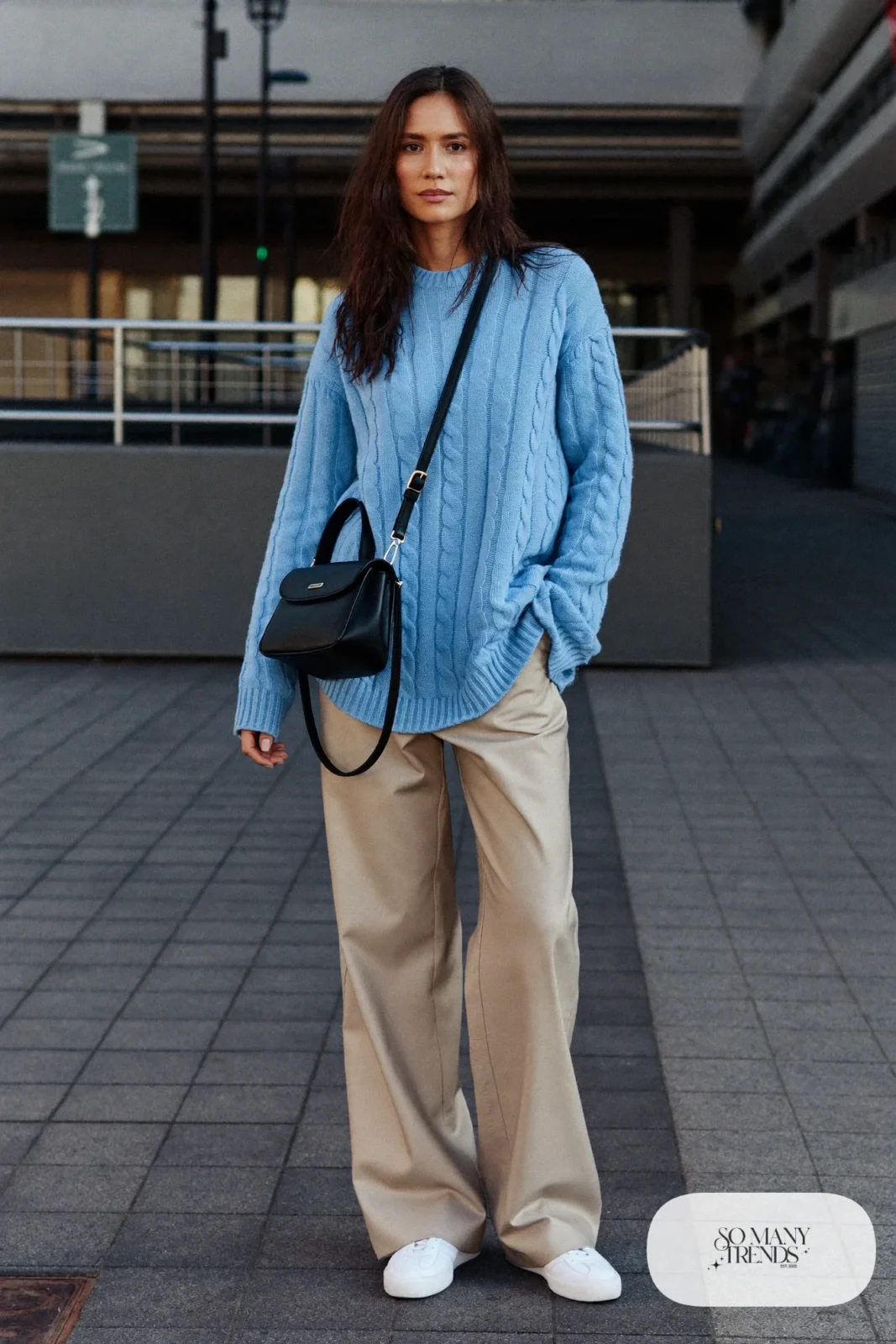 Sky blue cable knit sweater with champagne wide-leg pants and white sneakers, outfit 17