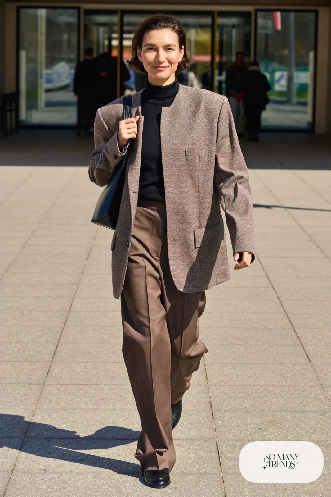 Taupe relaxed blazer and straight pants suit with black fine knit and loafers, outfit 21