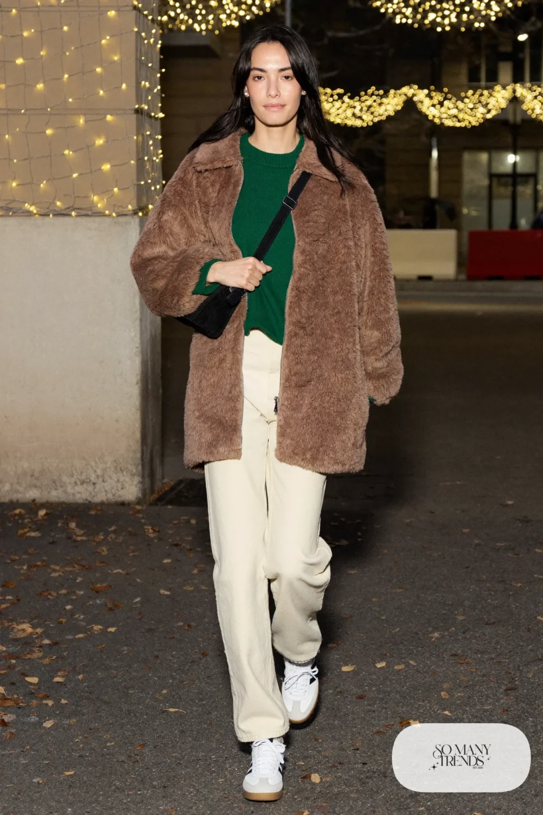 Taupe teddy jacket over forest green knit sweater, cream straight pants and white leather sneakers, outfit 4