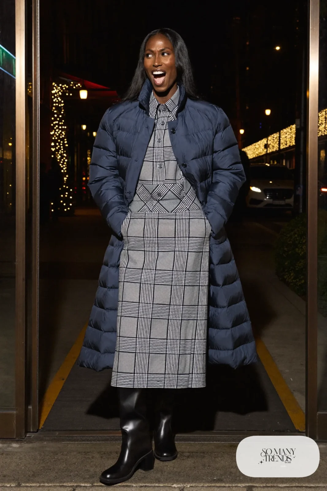 Gray and navy plaid midi shirt dress, long quilted navy coat, black tights and black ankle boots, outfit 9